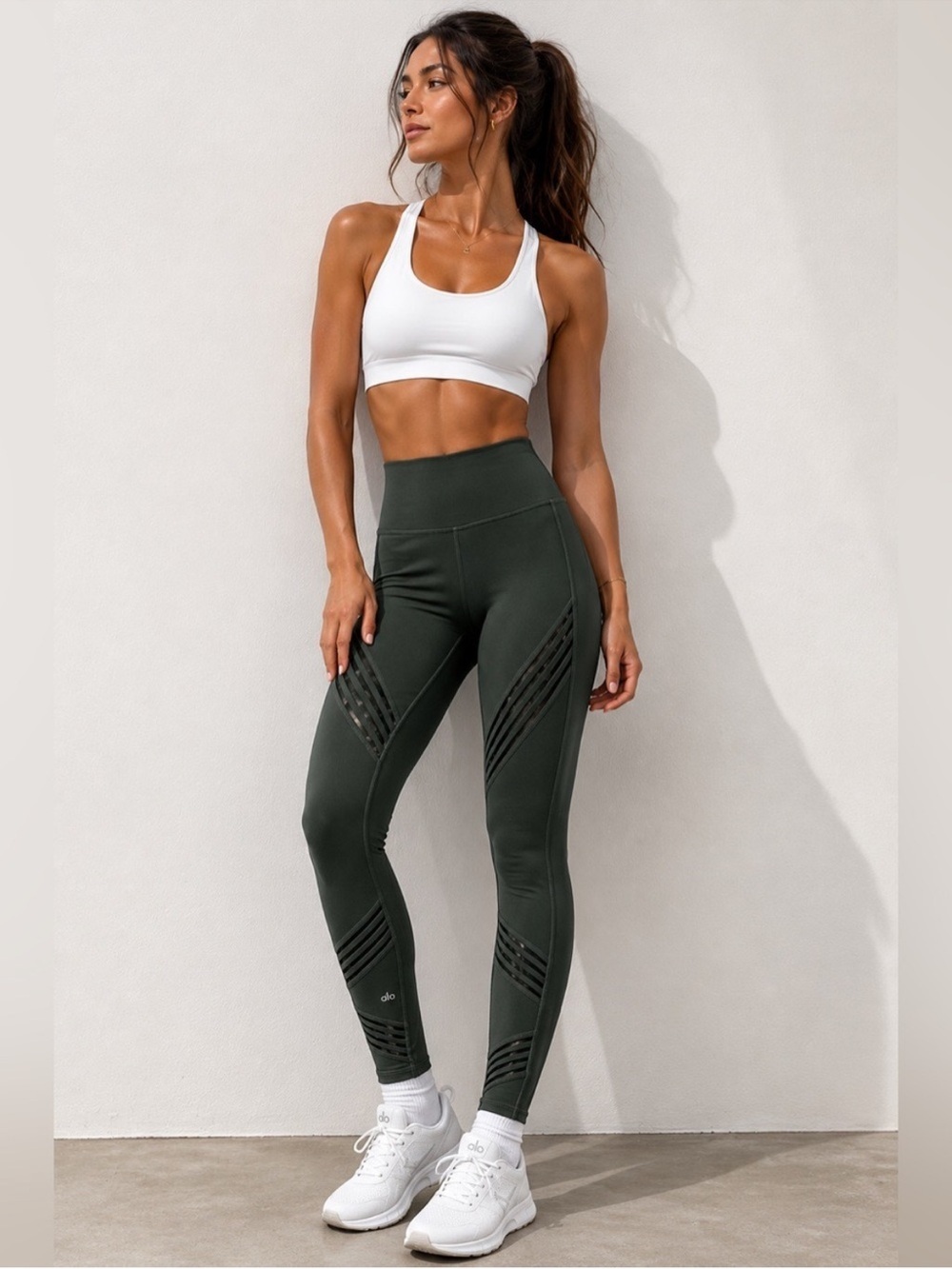 Alo Yoga Multi Legging Dark Green Mesh Cut Out Stripes Stretch Size  XXS/XS